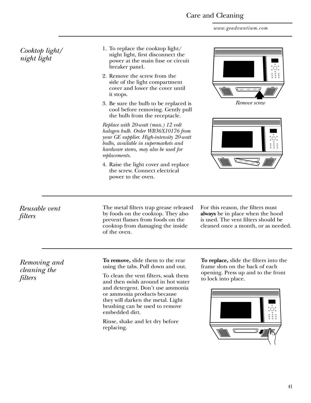 GE SCA1001SS, SCA1000WH manual Cooktop light/ night light, Reusable vent filters, Removing and cleaning the filters 