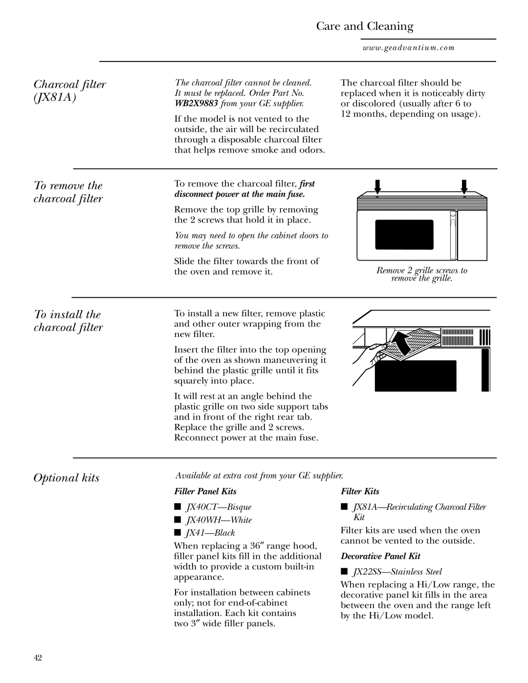 GE SCA1000WH, SCA1001SS Charcoal filter JX81A, To remove the charcoal filter, To install the charcoal filter Optional kits 