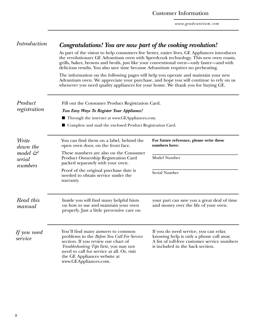 GE SCA1000WH, SCA1001SS manual Customer Information, If you need service, Two Easy Ways To Register Your Appliance 