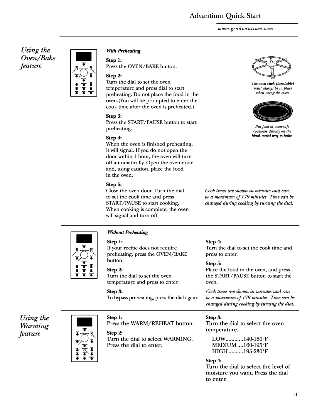 GE SCA1001SS Using the Oven/Bake feature, Using the Warming feature, Advantium Quick Start, Press the WARM/REHEAT button 