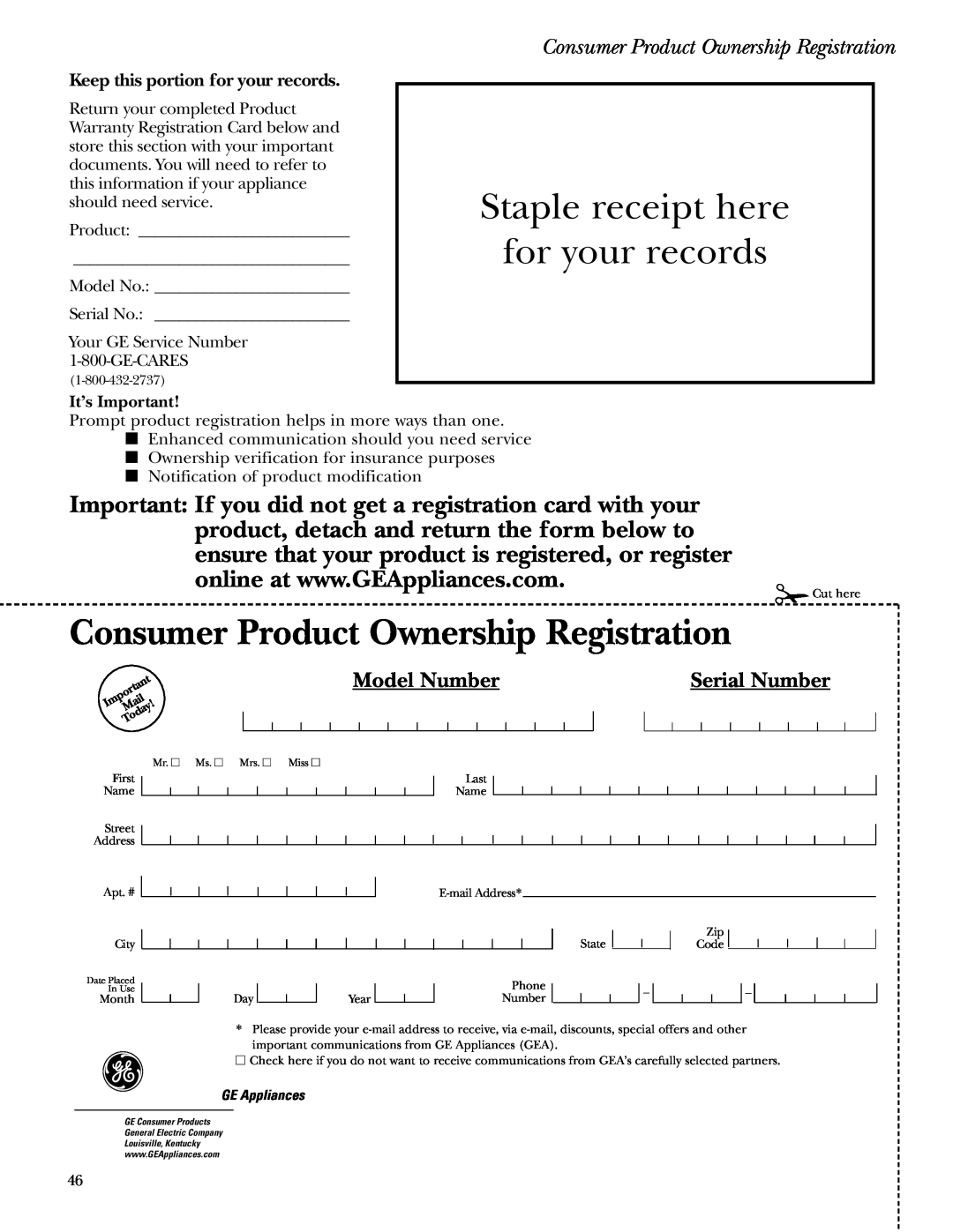 GE SCA1000WH Consumer Product Ownership Registration, Model Number, Serial Number, Keep this portion for your records 