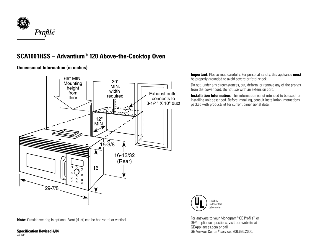 GE SCA1001HSS dimensions 15-3/8 16-13/32 Rear, 29-7/8 