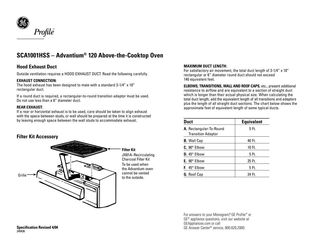 GE SCA1001HSS dimensions Hood Exhaust Duct, Filter Kit Accessory, Exhaust Connection, Rear Exhaust, Maximum Duct Length 