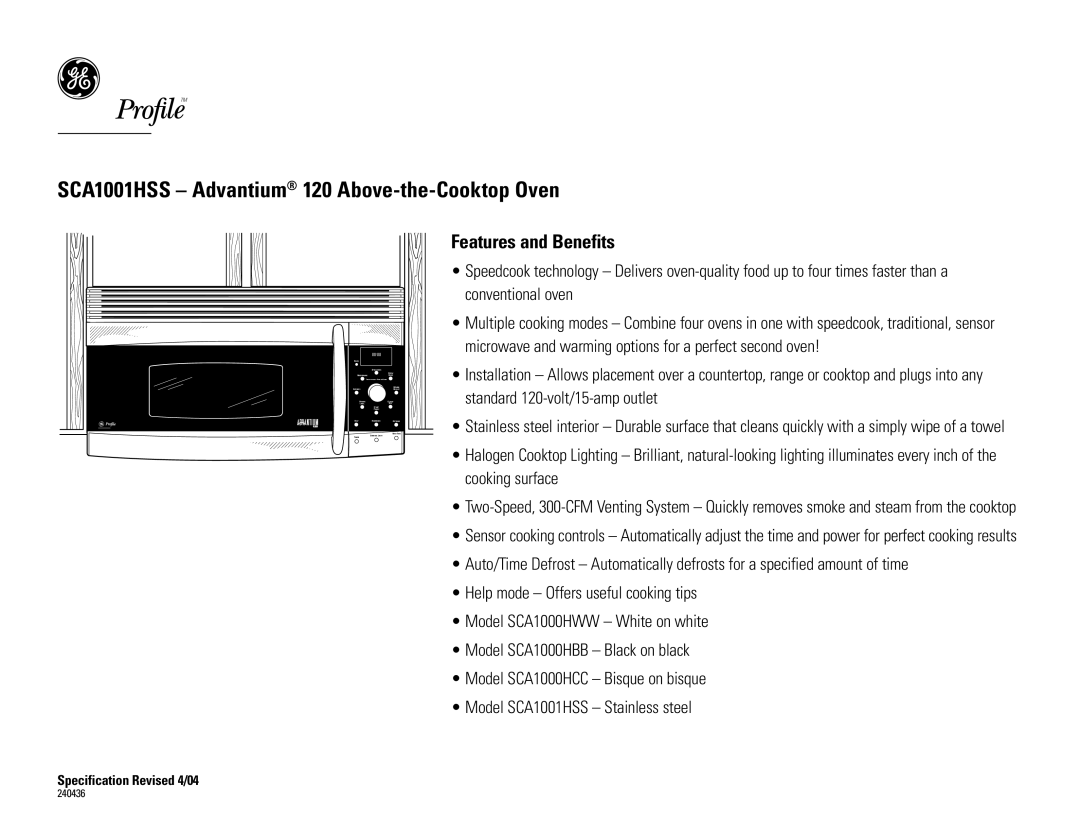 GE SCA1001HSS dimensions Features and Benefits 