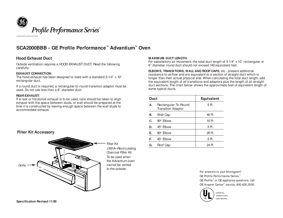 GE SCA2000BBB owner manual Hood Exhaust Duct, Filter Kit Accessory, Duct Equivalent 