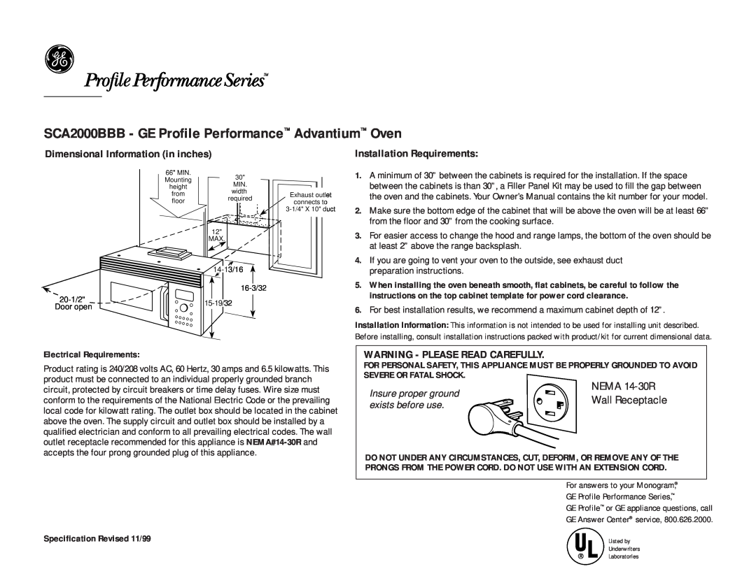 GE owner manual SCA2000BBB - GE Profile Performance Advantium Oven, Dimensional Information in inches, NEMA 14-30R 