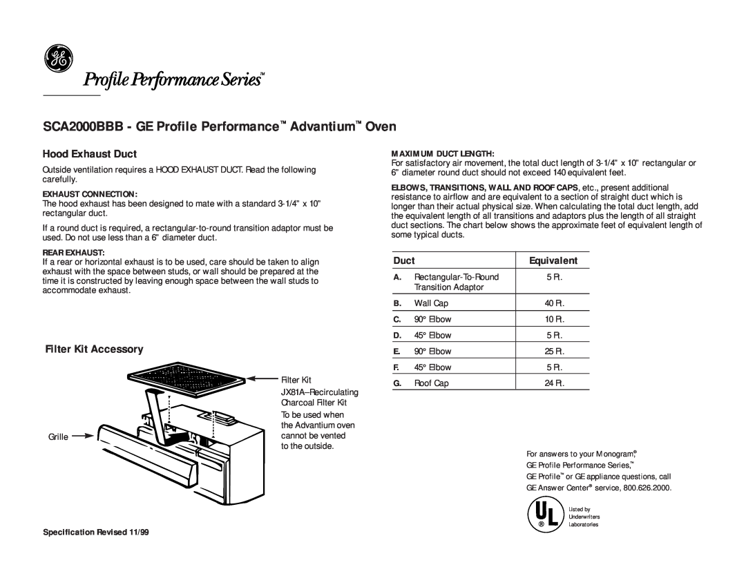 GE owner manual SCA2000BBB - GE Profile Performance Advantium Oven, Hood Exhaust Duct, Filter Kit Accessory, Equivalent 