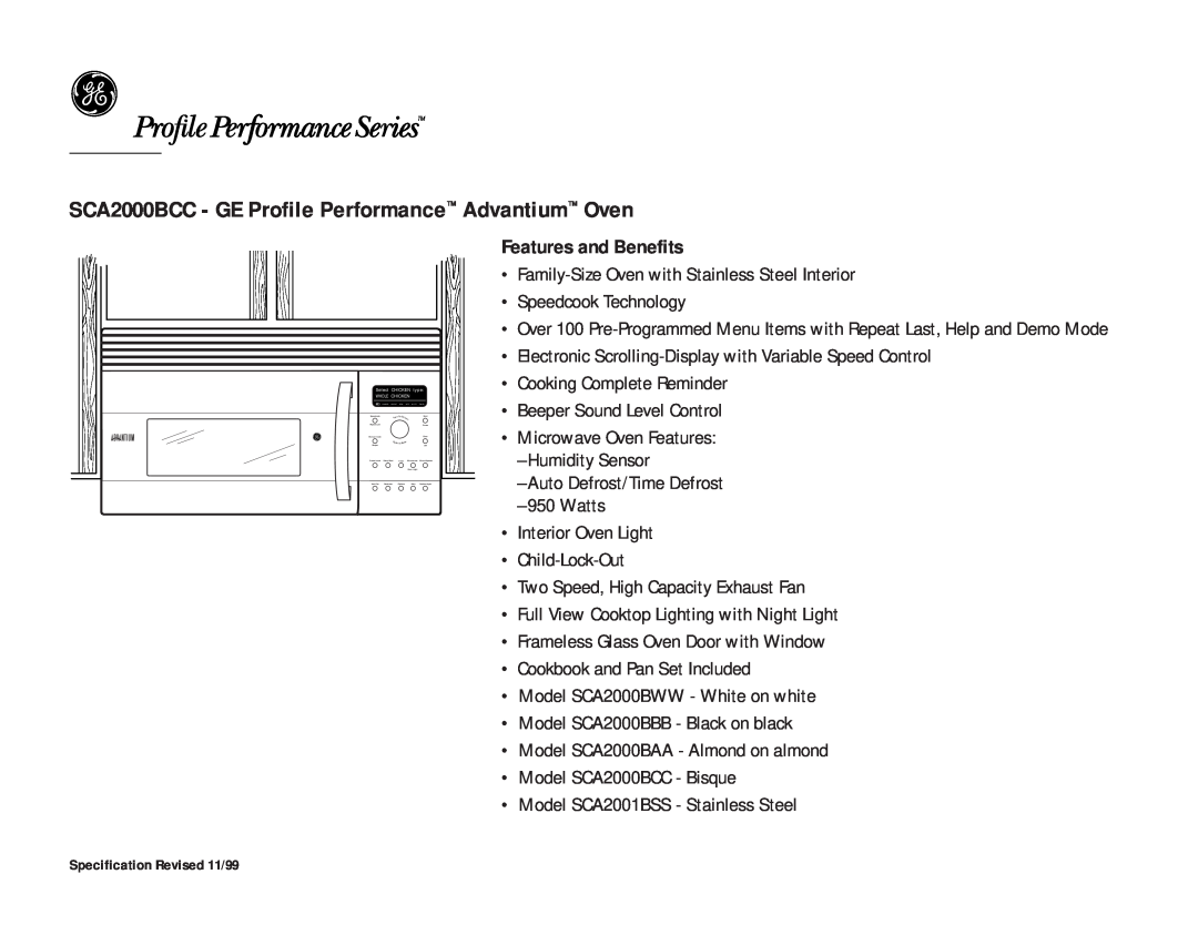 GE owner manual SCA2000BCC - GE Profile Performance Advantium Oven, Features and Benefits 