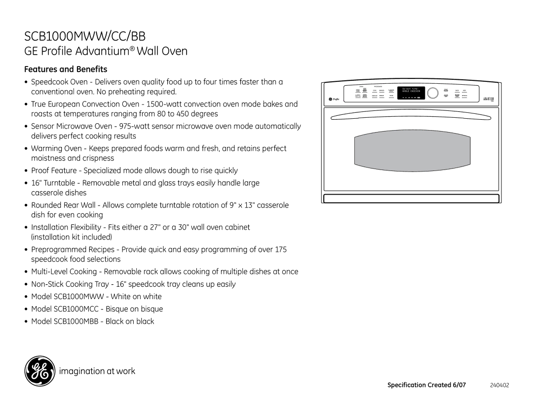 GE SCB1000MBB dimensions Features and Benefits, Oven Microwave, Express, Reheat 