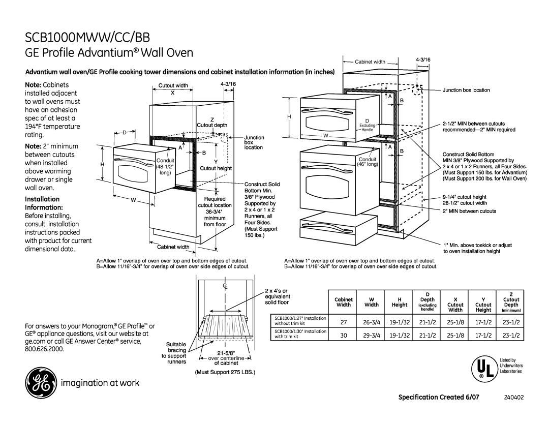 GE SCB1000MBB dimensions SCB1000MWW/CC/BB, GE Profile Advantium Wall Oven, Installation Information 