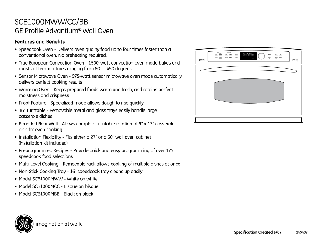 GE SCB1000MBB dimensions SCB1000MWW/CC/BB, GE Profile Advantium Wall Oven, Features and Benefits 
