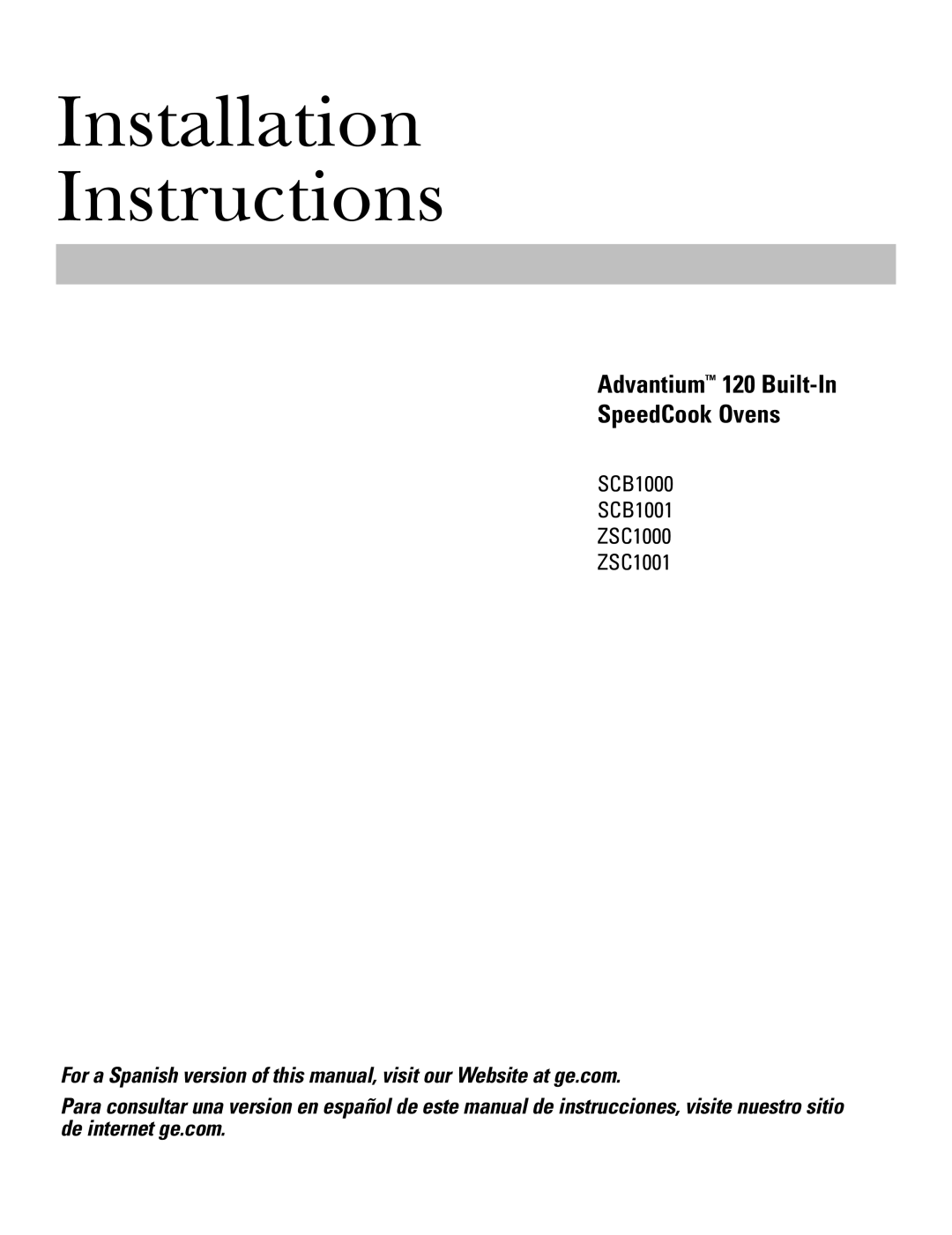 GE SCB1000, SCB1001, ZSC1001, ZSC1000 installation instructions Installation Instructions 