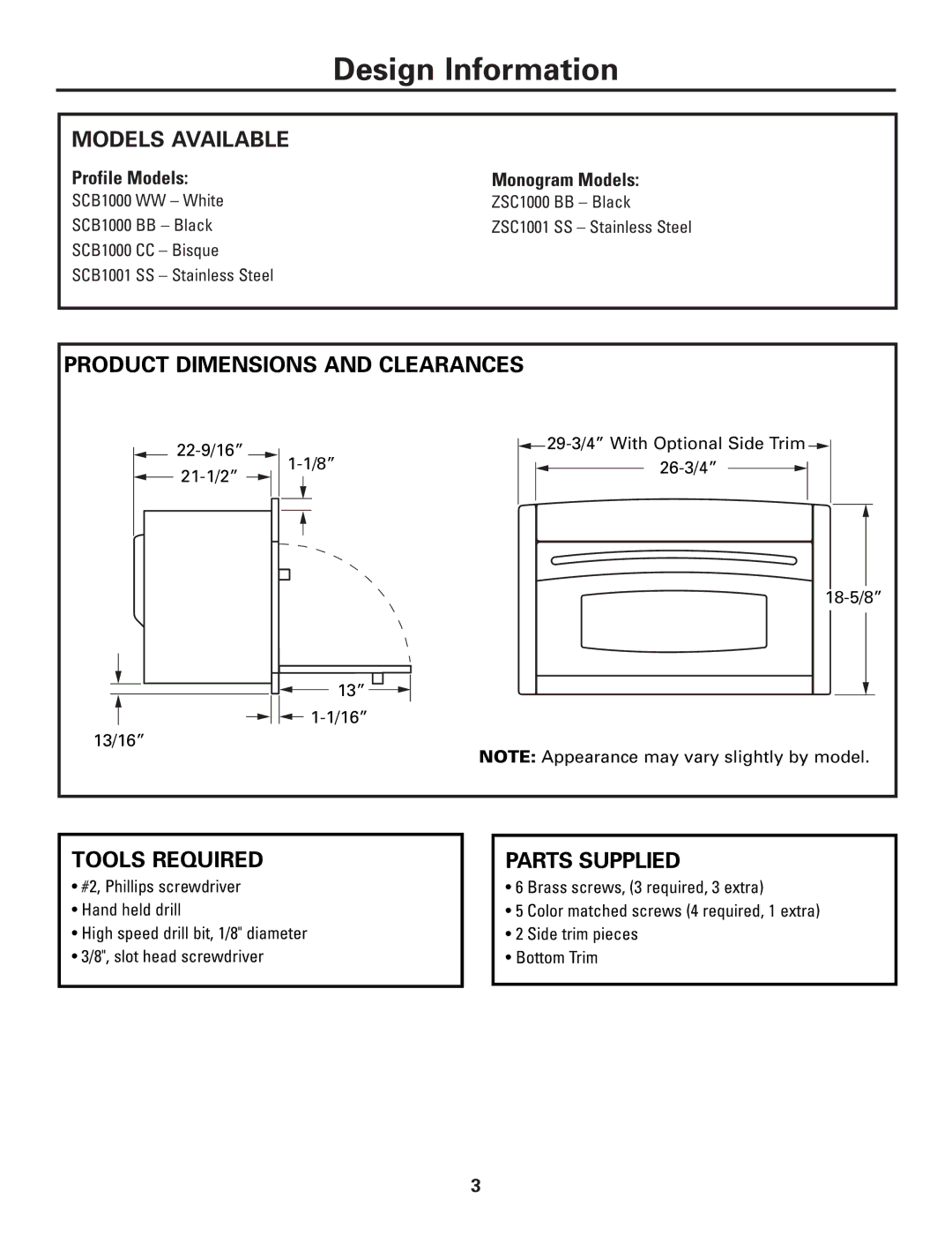 GE ZSC1000 Design Information, Models Available, Product Dimensions and Clearances, Tools Required, Parts Supplied 