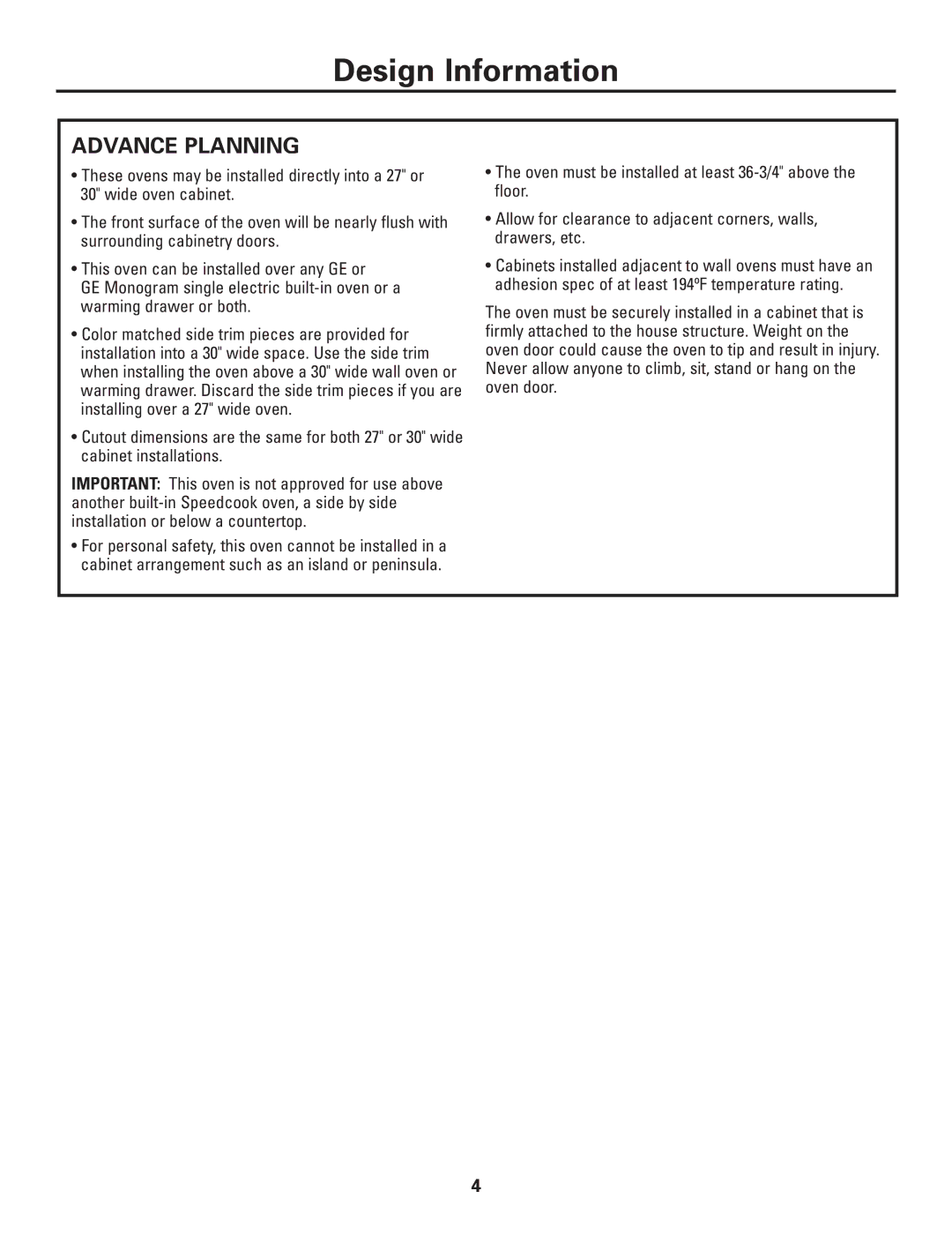 GE SCB1001, SCB1000, ZSC1001, ZSC1000 installation instructions Advance Planning 