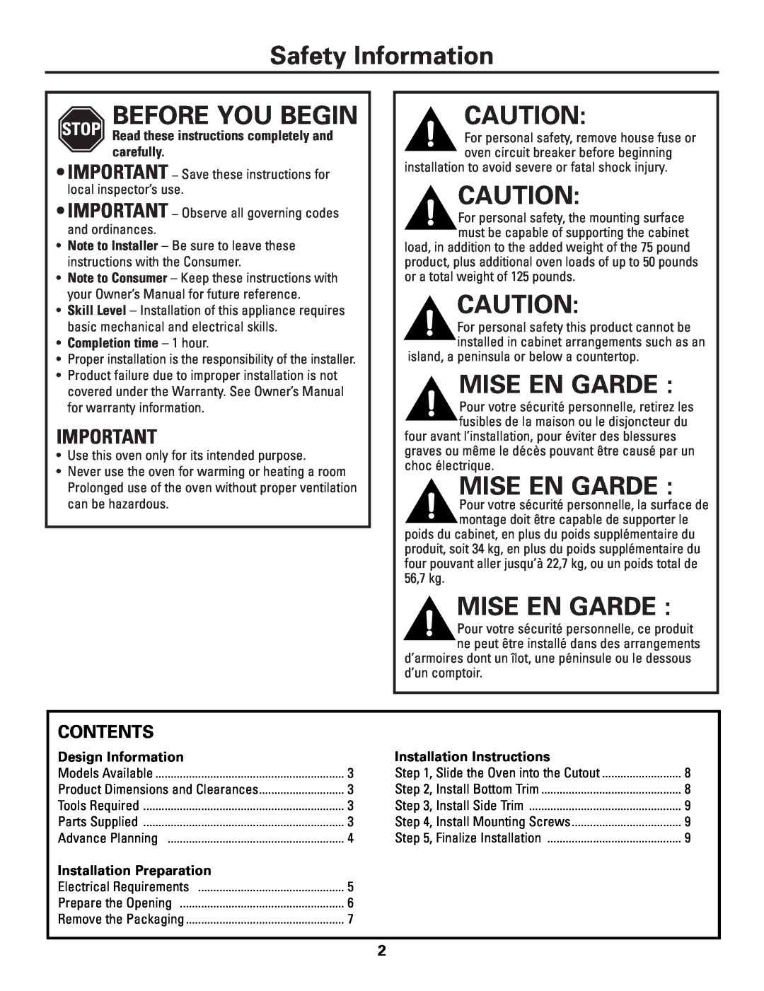 GE ZSC1001 Safety Information, Before You Begin, Mise En Garde, Contents, Read these instructions completely and carefully 