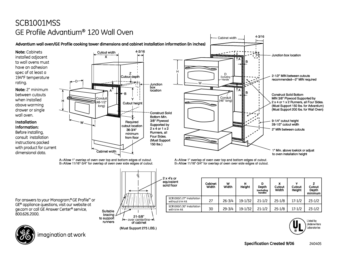 GE SCB1001MSS dimensions GE Profile Advantium 120 Wall Oven, Installation Information, Specification Created 9/06 