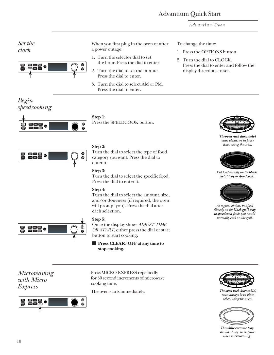 GE SCB2000, SCB2001 owner manual Advantium Quick Start, Set the clock, Begin speedcooking, Microwaving with Micro Express 