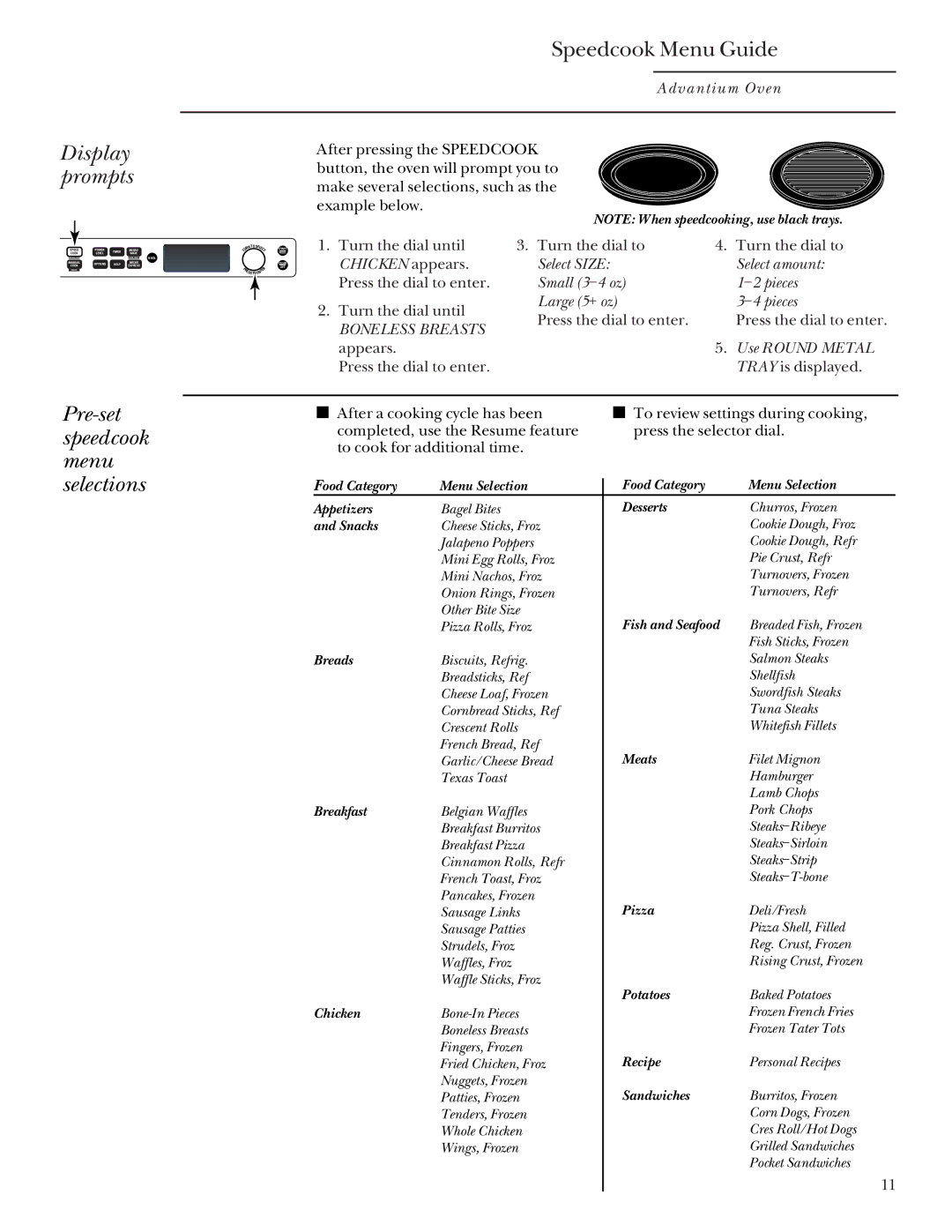 GE SCB2001, SCB2000 owner manual Display prompts, Speedcook Menu Guide, Pre-set speedcook menu selections 