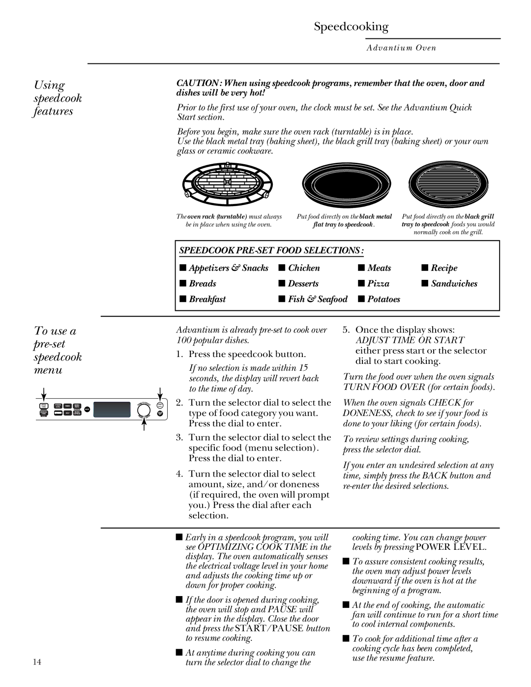 GE SCB2000, SCB2001 owner manual Using speedcook features, Speedcooking, To use a pre-set speedcook menu 