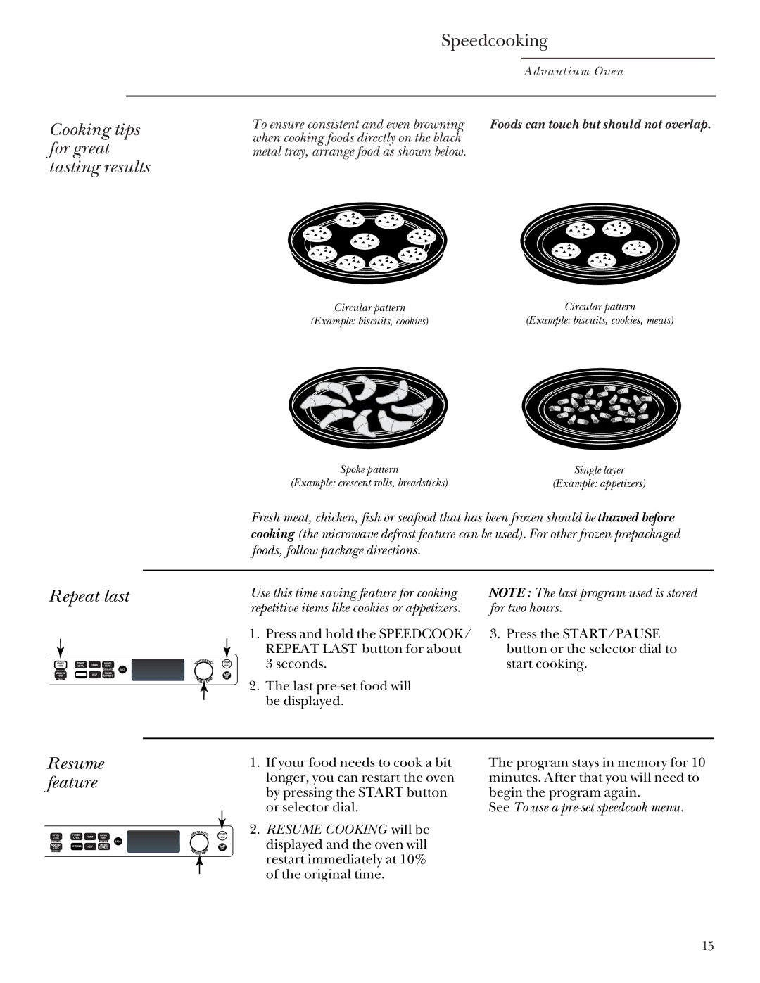 GE SCB2001 Cooking tips for great tasting results, Repeat last, Resume feature, To ensure consistent and even browning 