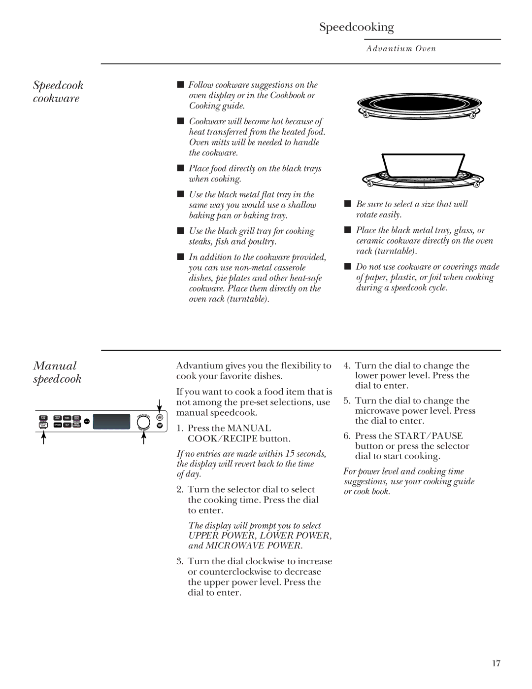 GE SCB2001, SCB2000 owner manual Speedcook cookware, Manual speedcook, Place food directly on the black trays when cooking 