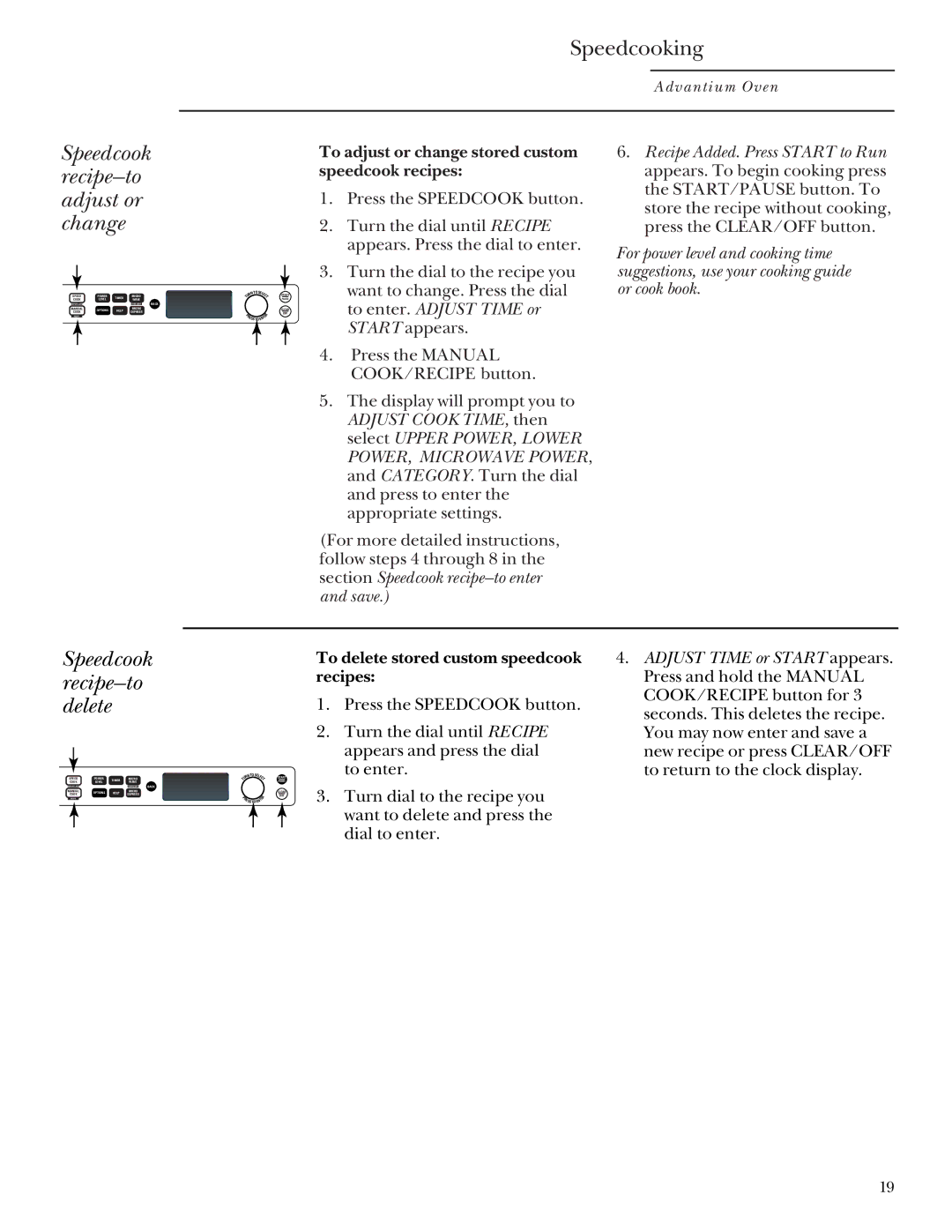 GE SCB2001, SCB2000 owner manual Speedcook recipe-to adjust or change, Speedcook recipe-to delete 