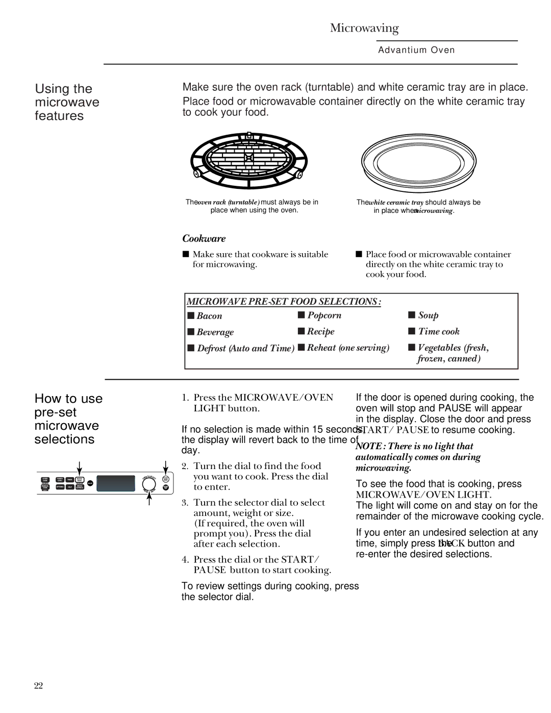 GE SCB2000, SCB2001 owner manual Using the microwave features, Microwaving, How to use pre-set microwave selections 