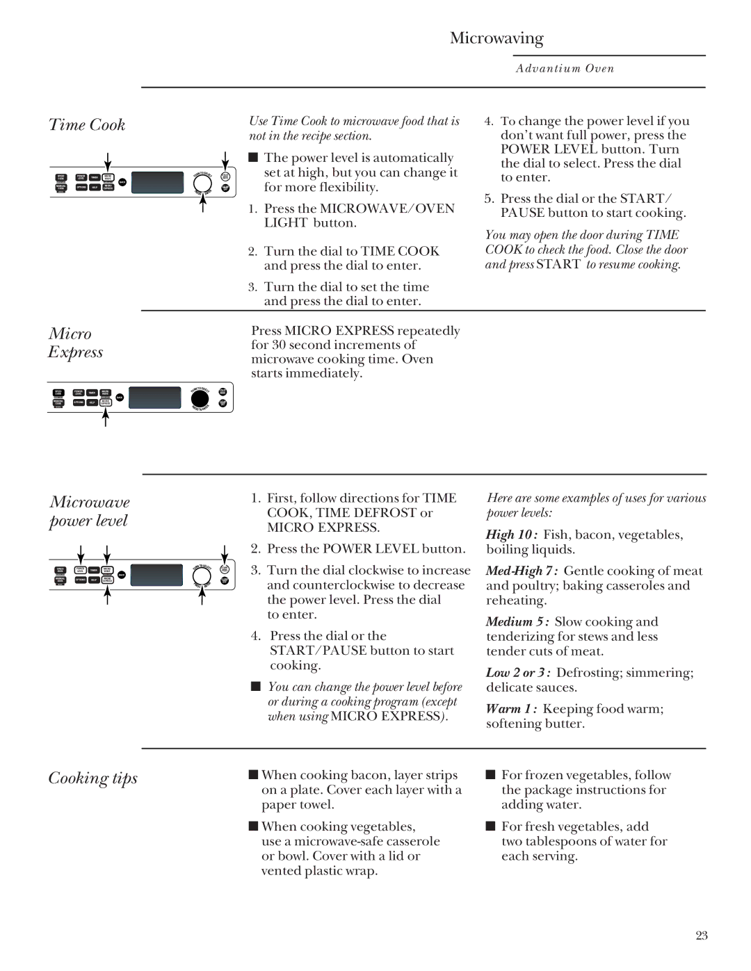 GE SCB2001, SCB2000 owner manual Time Cook, Micro Express, Microwave power level, Cooking tips 