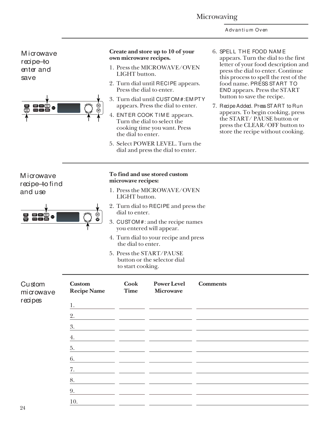 GE SCB2000, SCB2001 Microwave recipe-to enter and save, Microwave recipe-to find and use, Custom microwave recipes 