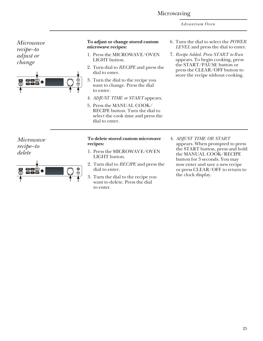 GE SCB2001, SCB2000 Microwave recipe-to adjust or change, Microwave recipe-to delete, Adjust Time or Start appears 