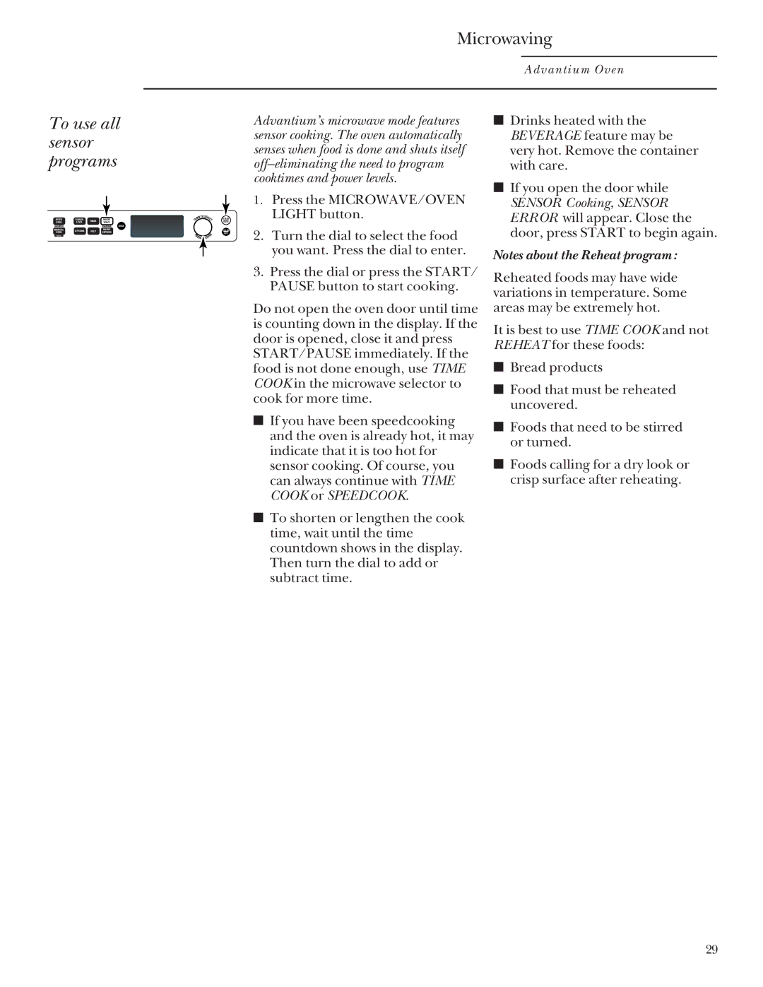 GE SCB2001, SCB2000 owner manual To use all sensor programs 