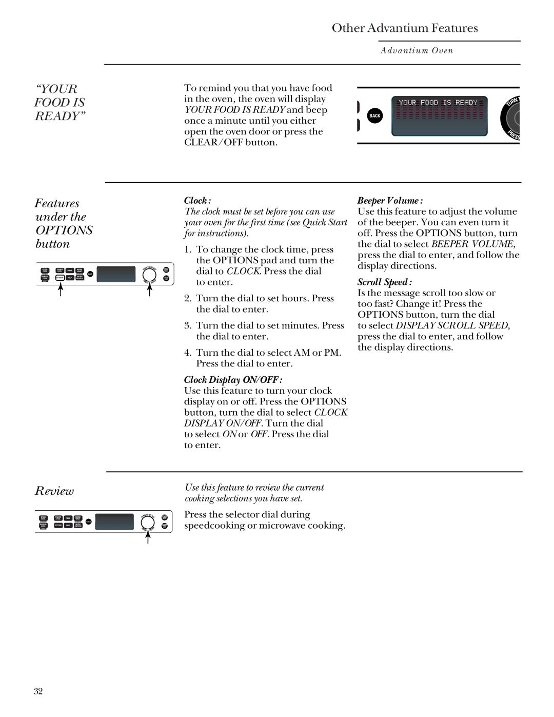 GE SCB2000, SCB2001 owner manual Other Advantium Features, Features under Options button, Review 