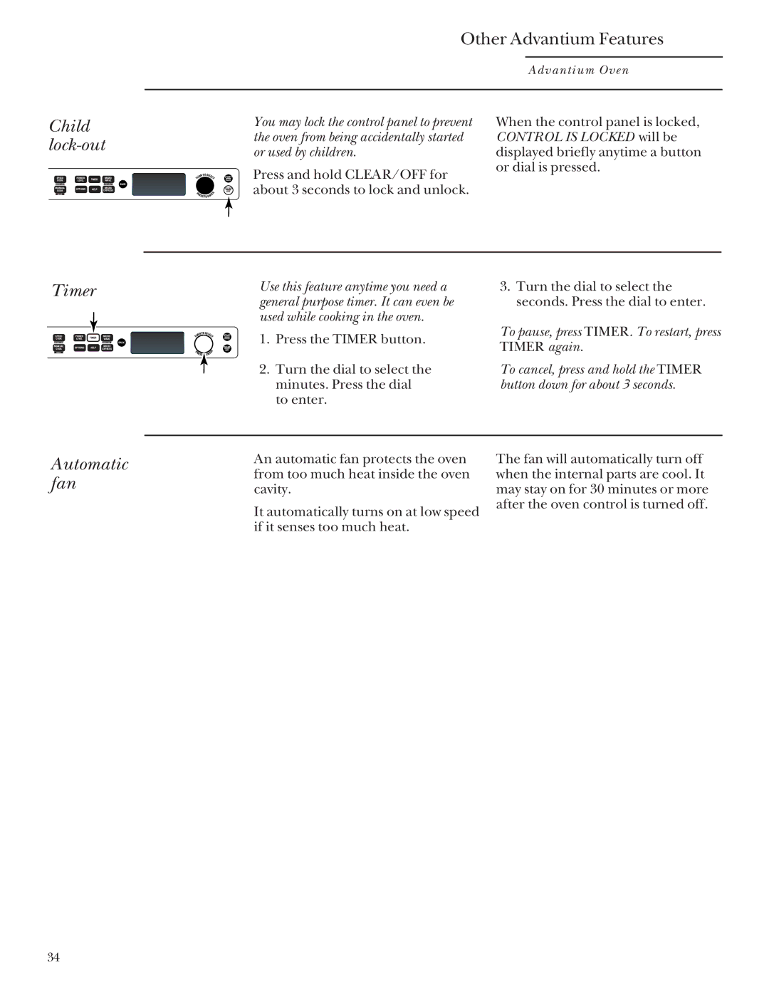 GE SCB2000, SCB2001 owner manual Child lock-out, Timer 