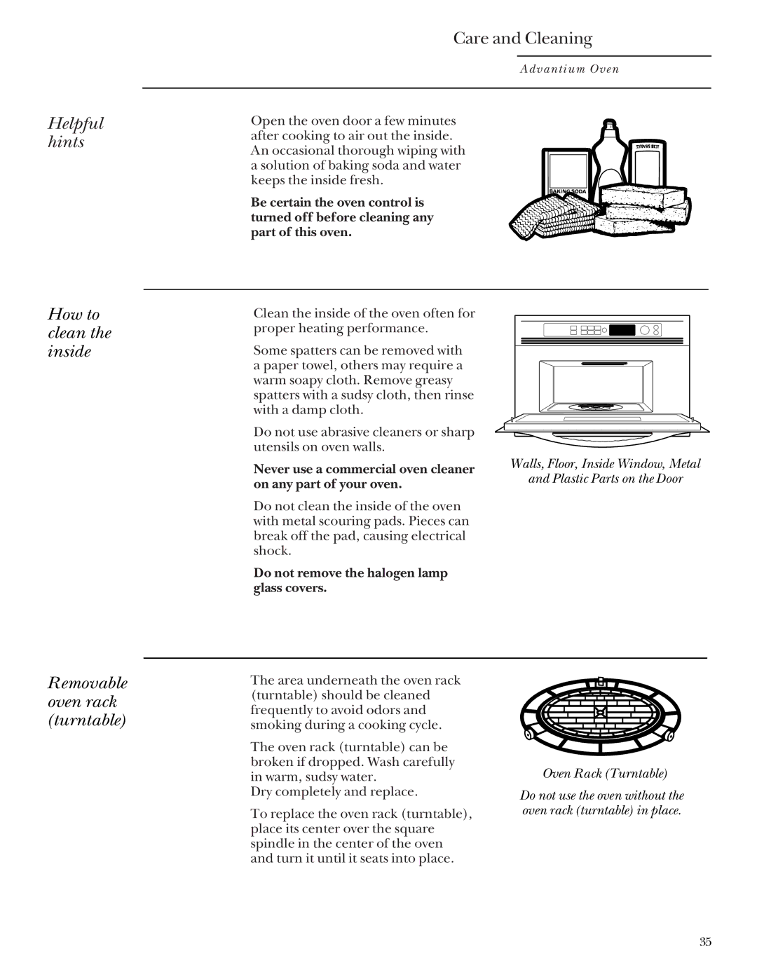 GE SCB2001 Helpful hints, Care and Cleaning, How to clean the inside, Removable oven rack turntable, Oven Rack Turntable 