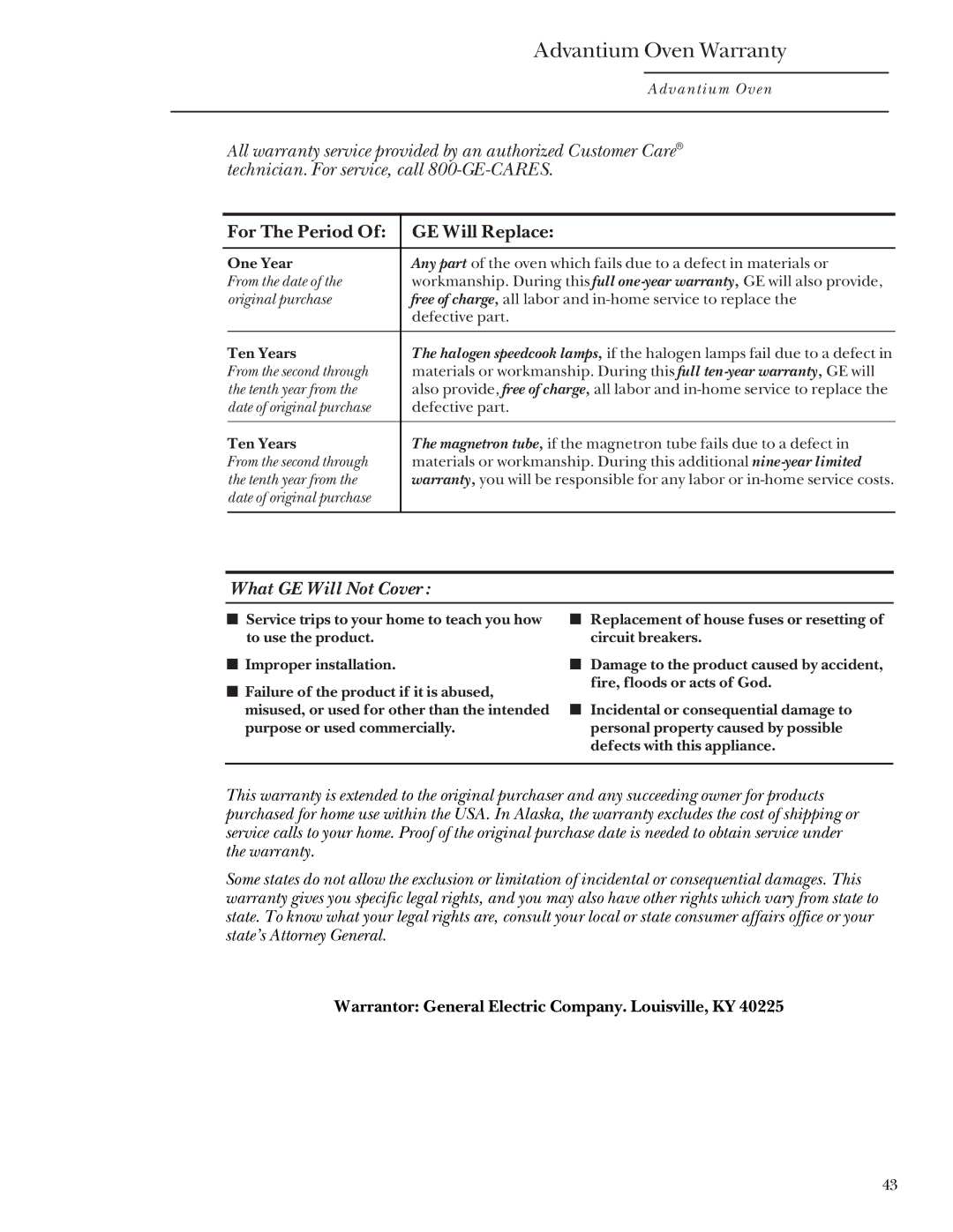 GE SCB2001, SCB2000 owner manual Advantium Oven Warranty, For The Period GE Will Replace 