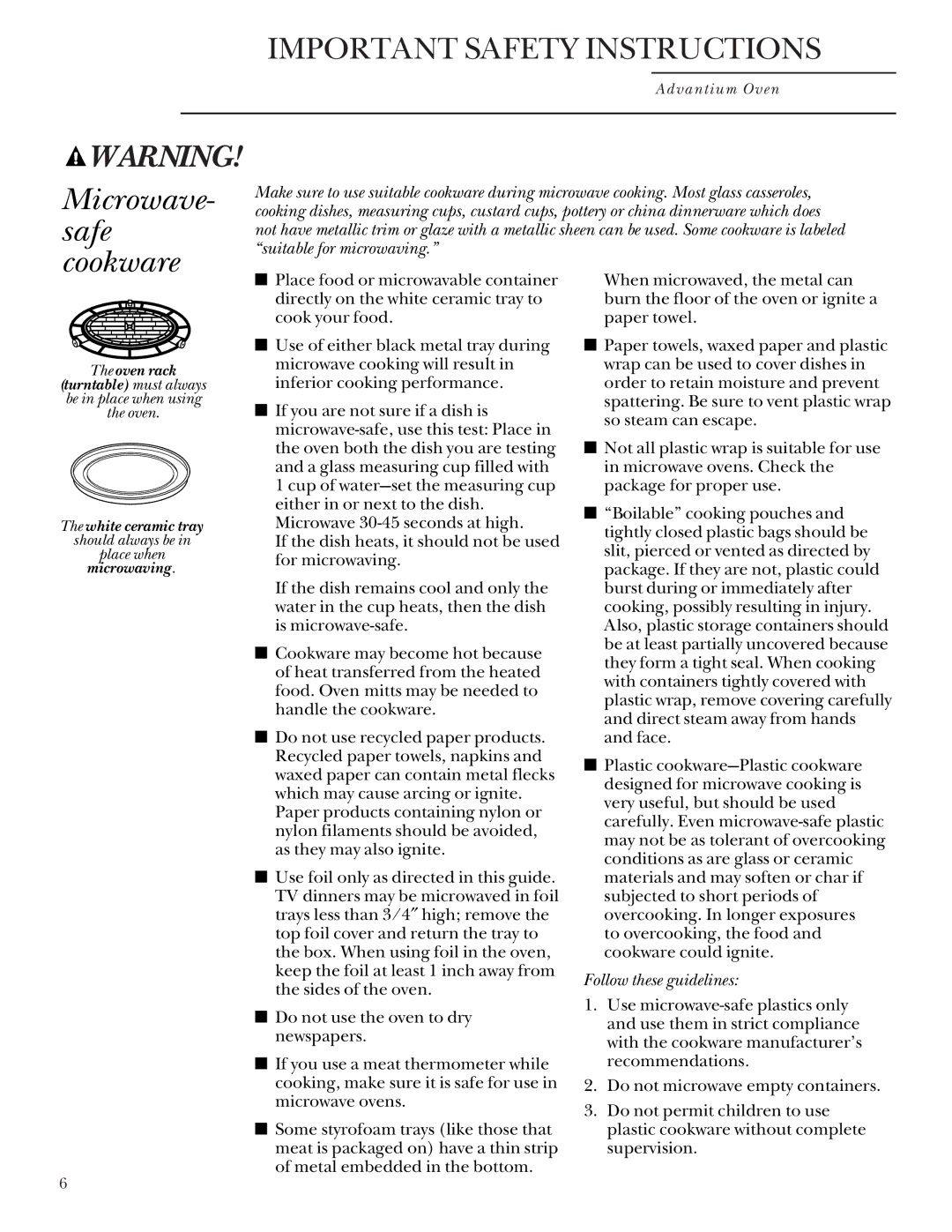 GE SCB2000, SCB2001 owner manual Microwave- safe cookware, Follow these guidelines 