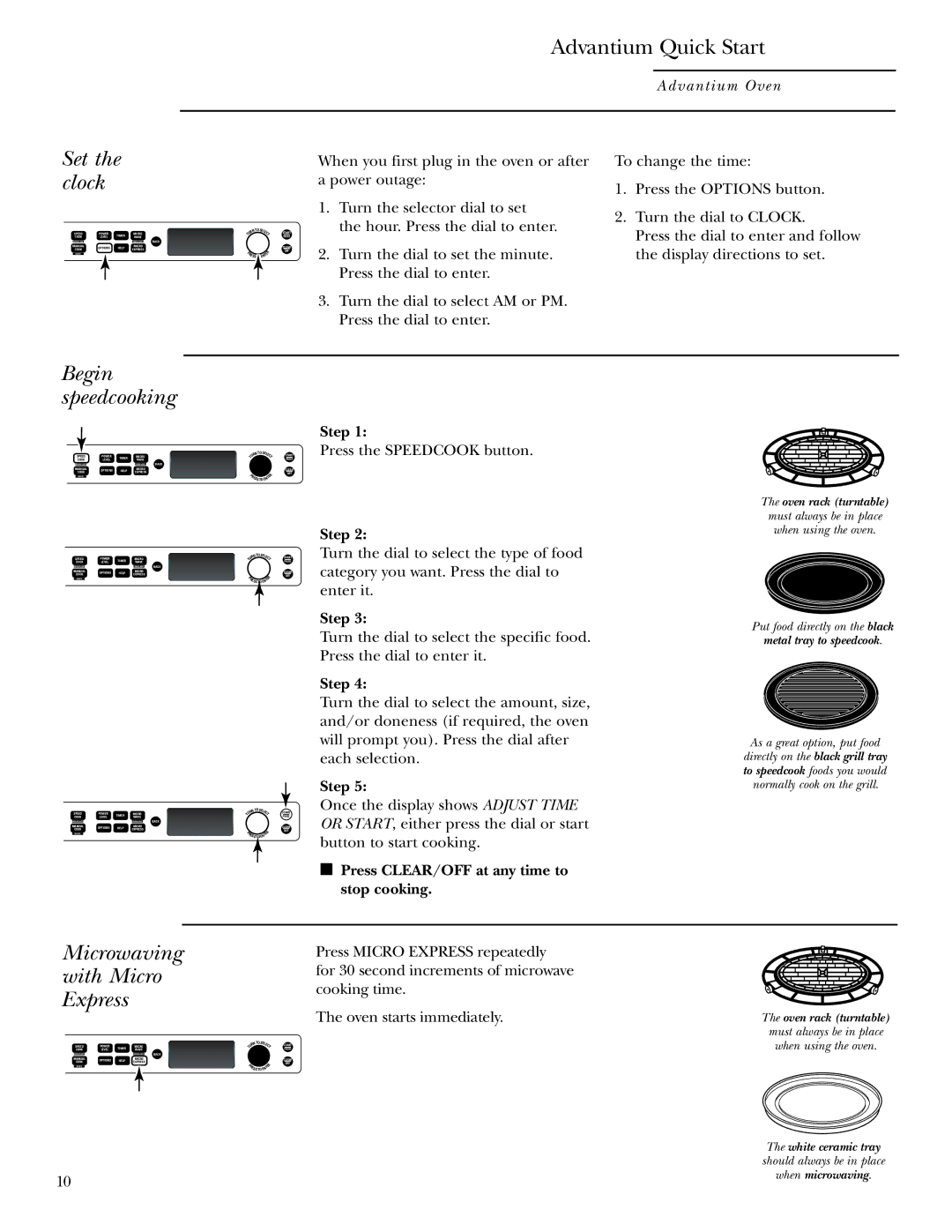 GE SCB2000, SCB2001 owner manual Advantium Quick Start, Set the clock, Begin speedcooking, Microwaving with Micro Express 