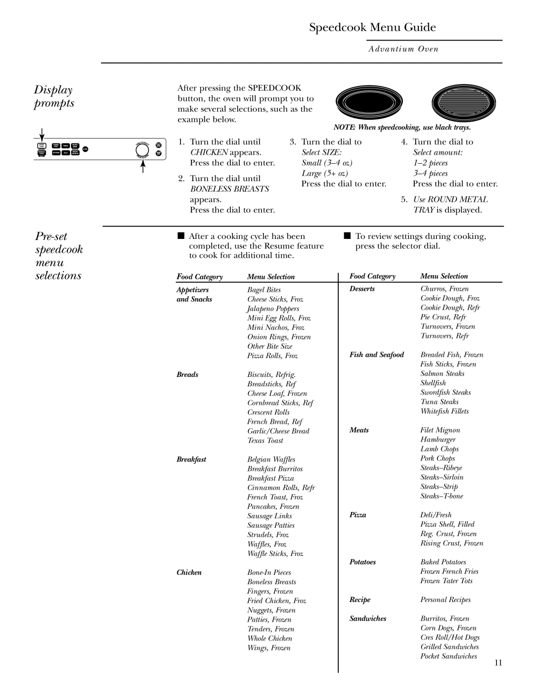 GE SCB2000, SCB2001 owner manual Display prompts, Speedcook Menu Guide, Pre-set speedcook menu selections 