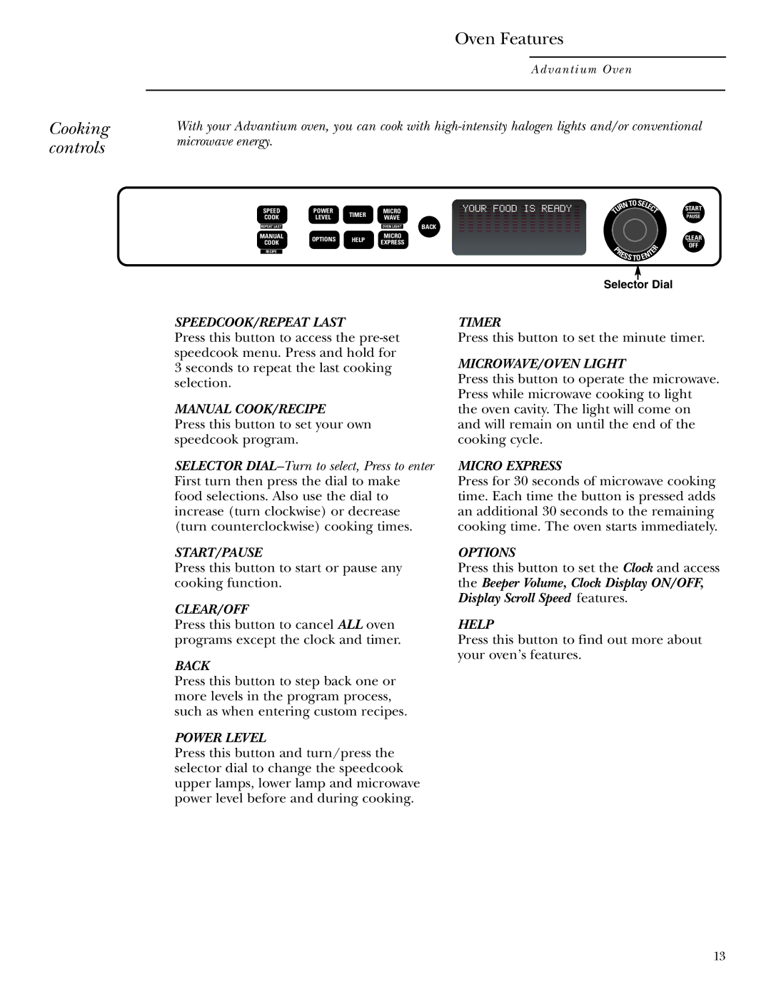 GE SCB2000, SCB2001 owner manual Cooking controls, SPEEDCOOK/REPEAT Last 