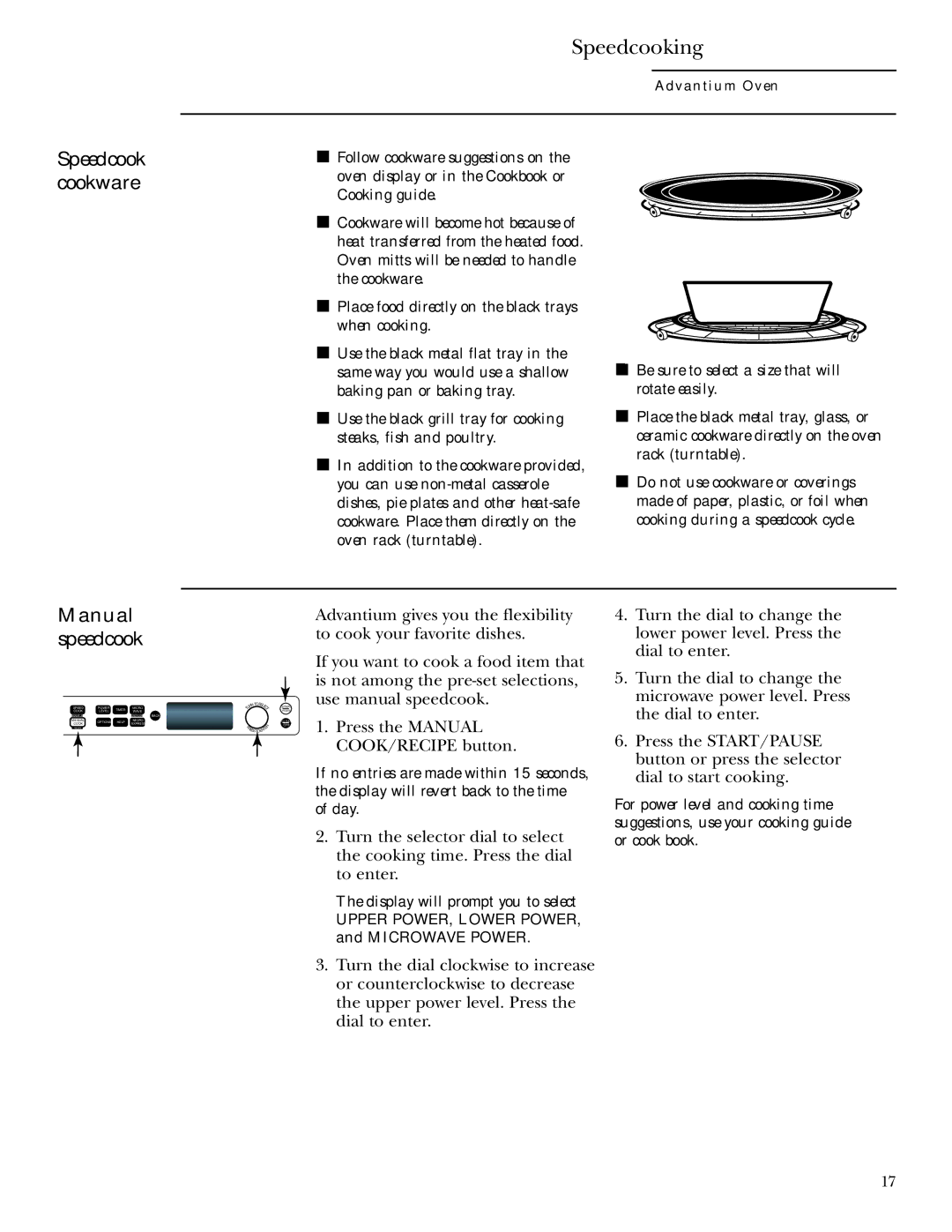 GE SCB2000, SCB2001 owner manual Speedcook cookware, Manual speedcook, Place food directly on the black trays when cooking 