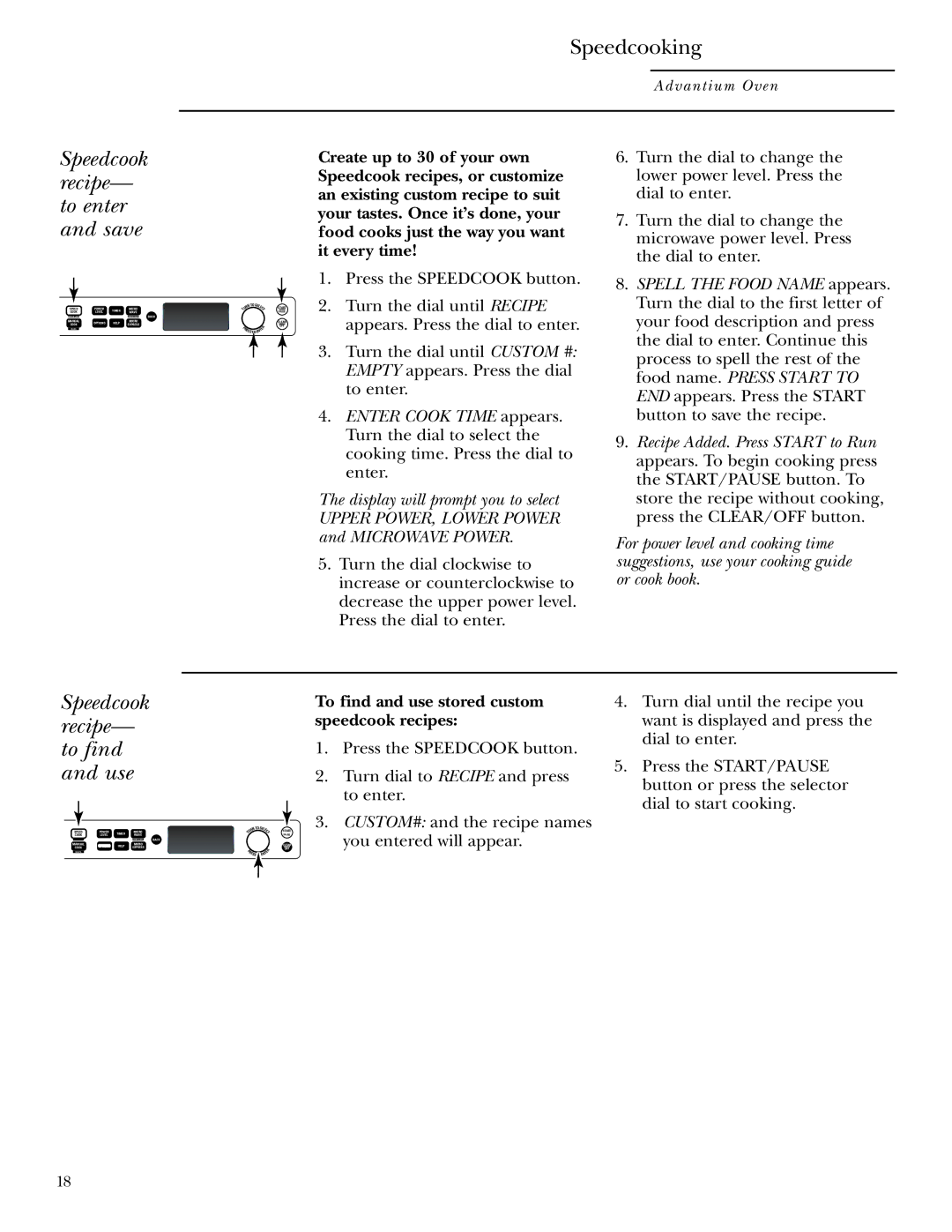 GE SCB2000, SCB2001 owner manual Speedcook recipe- to enter and save, Speedcook recipe- to find and use 