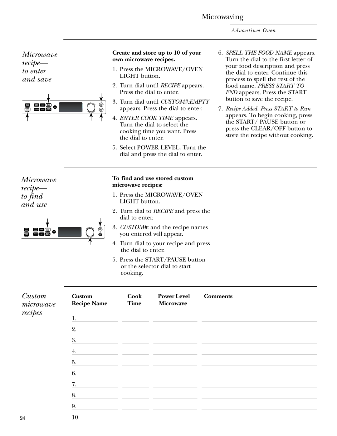 GE SCB2000, SCB2001 owner manual Microwave recipe- to enter and save, Microwave recipe- to find and use, Custom, Recipes 