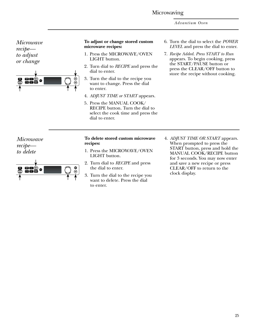 GE SCB2000, SCB2001 Microwave recipe- to adjust or change, Microwave recipe- to delete, Adjust Time or Start appears 