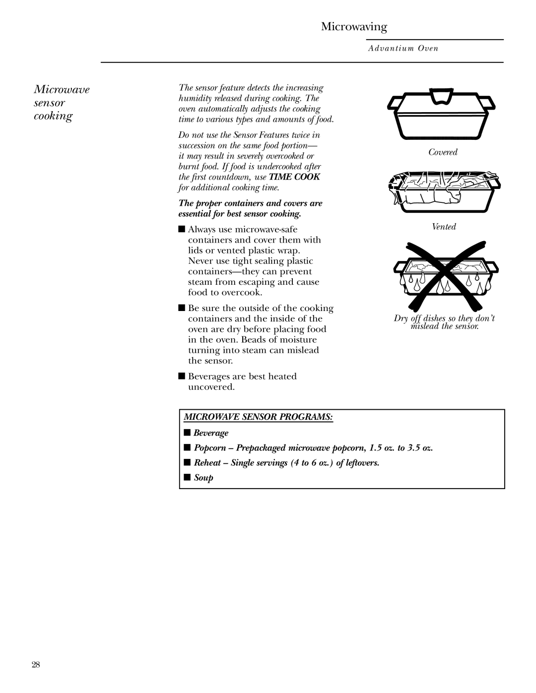 GE SCB2000, SCB2001 owner manual Microwave sensor cooking, Covered Vented 