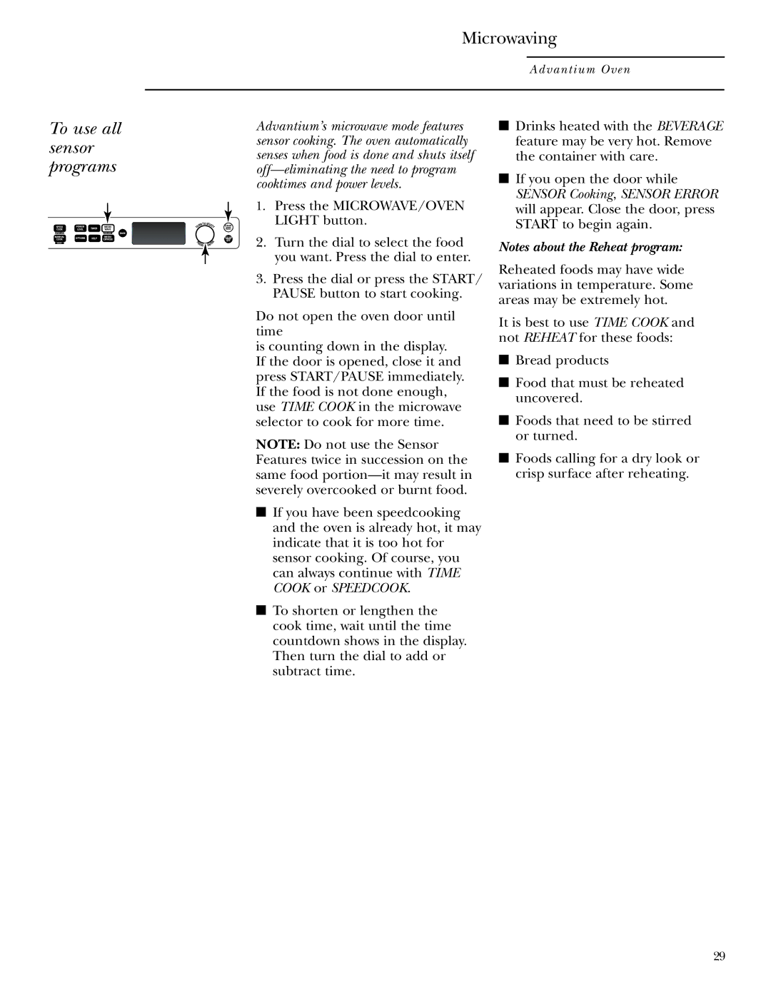 GE SCB2000, SCB2001 owner manual To use all sensor programs 