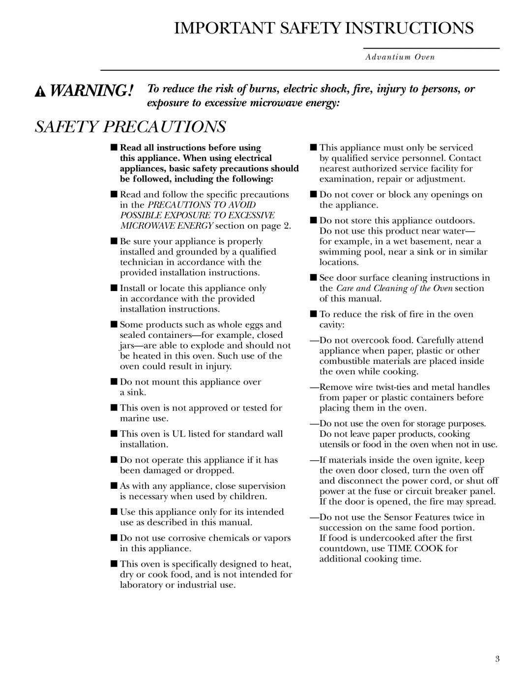 GE SCB2000, SCB2001 owner manual Safety Precautions 