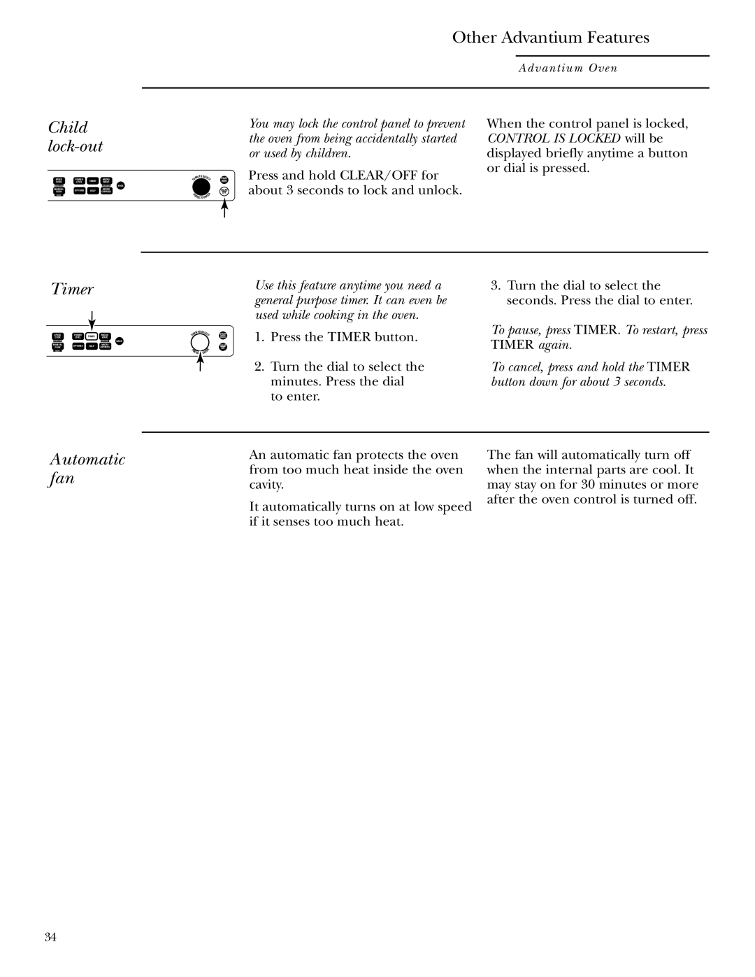 GE SCB2000, SCB2001 owner manual Child lock-out, Timer, Automatic fan 