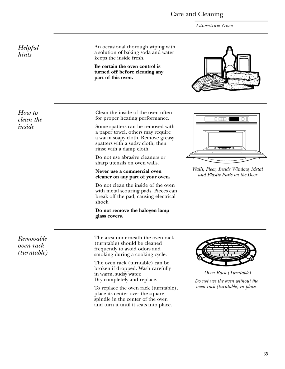 GE SCB2000, SCB2001 owner manual Helpful hints, Care and Cleaning, How to clean the inside, Removable oven rack turntable 