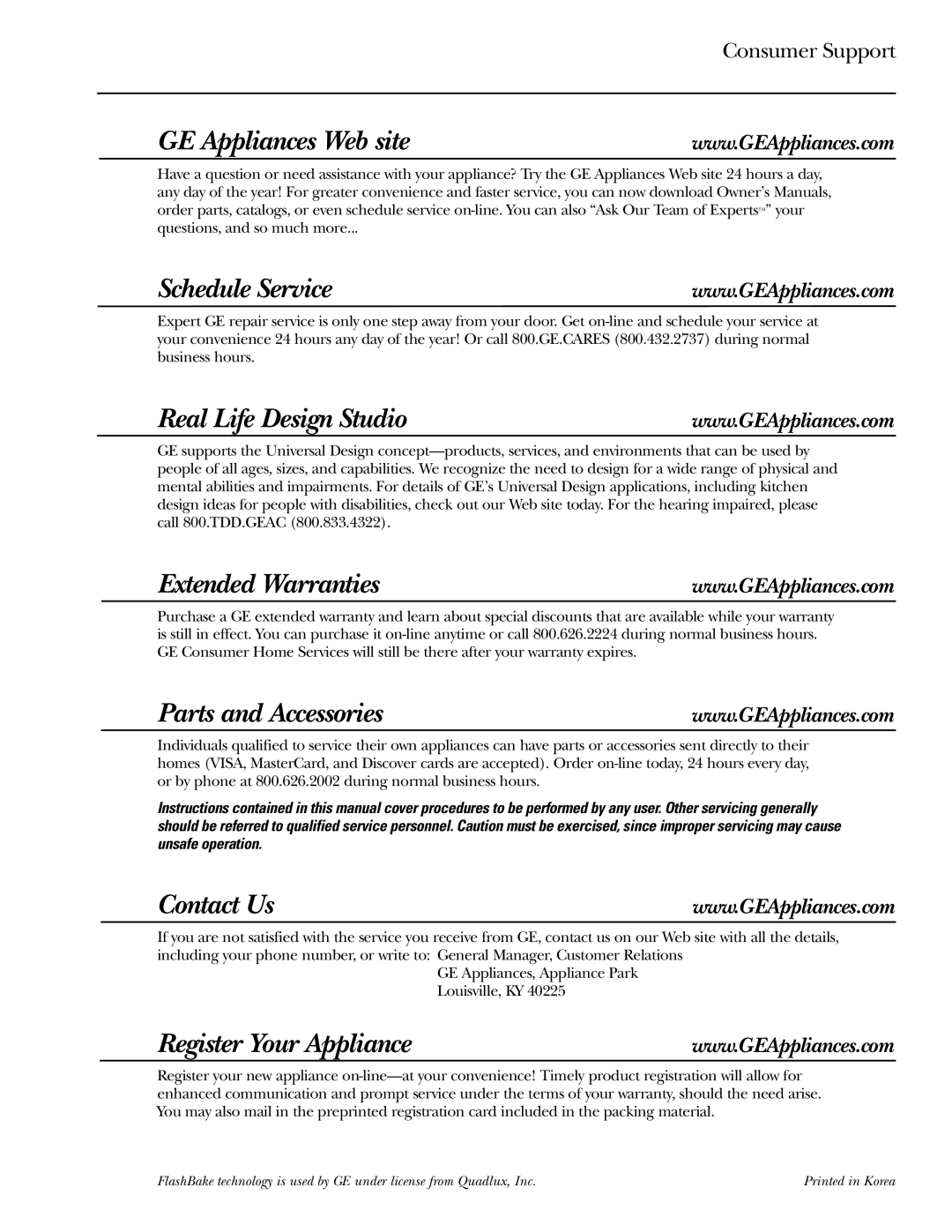 GE SCB2000, SCB2001 owner manual GE Appliances Web site Schedule Service, Consumer Support 