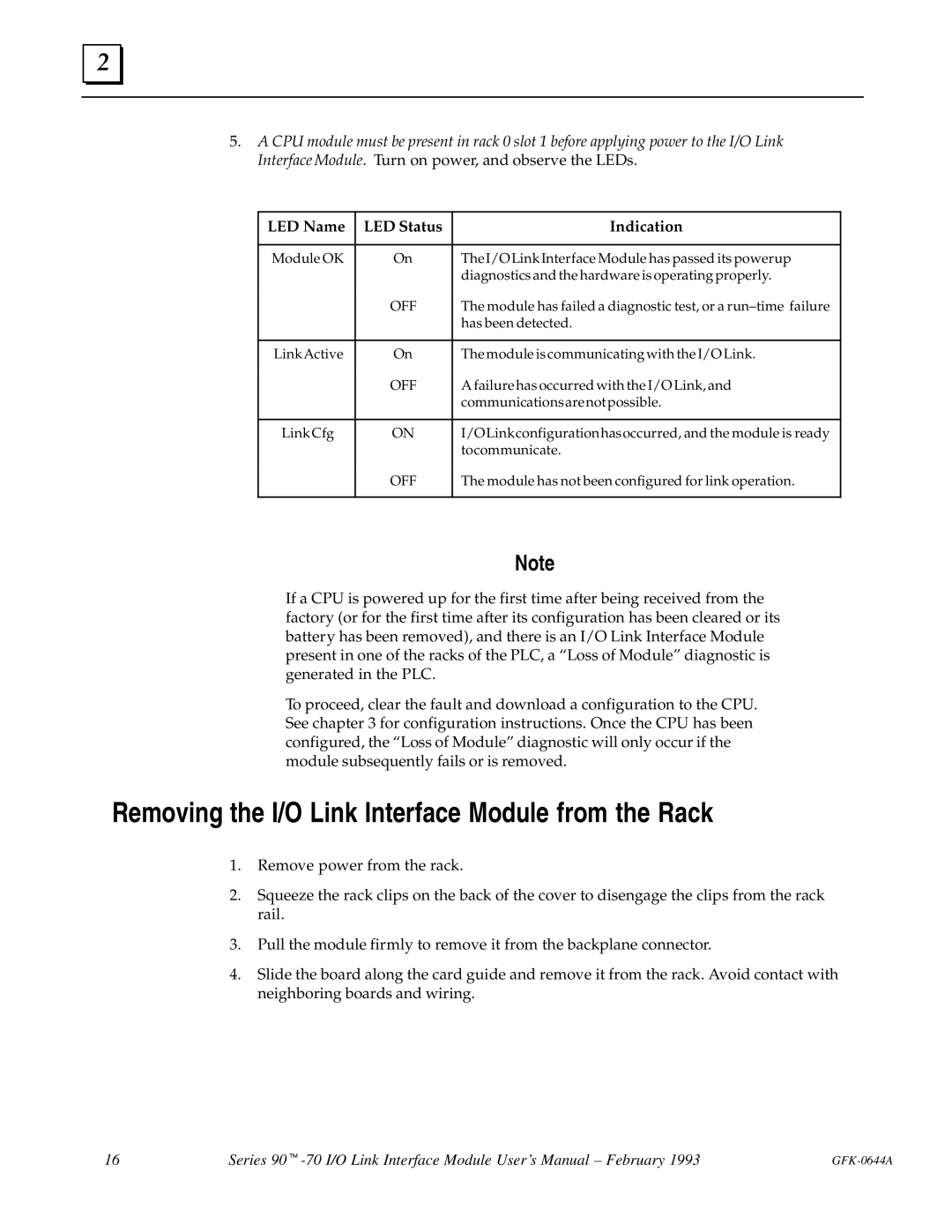 GE Series 90-70 manual Removing the I/O Link Interface Module from the Rack, LED Name LED Status Indication 